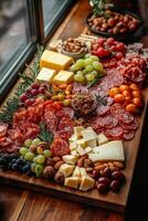 Gourmet charcuterie board with meats, cheeses, and fruits by a sunlit window photo