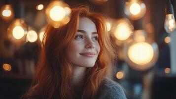 Portrait of a young woman with red hair smiling warmly in a softly lit indoor setting photo
