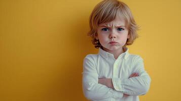 Young boy with arms crossed, displaying frustration against a bright yellow background photo