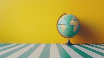 Globe on striped surface with yellow background photo