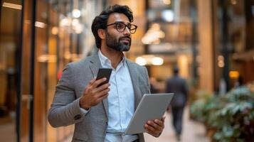 Young professional in a blazer using a tablet and smartphone on a bustling city street photo