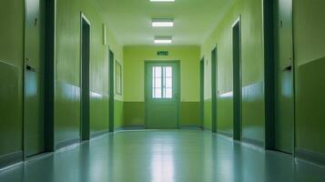 A long hallway with teal walls and a green door in an apartment building photo