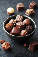 Assorted chocolates in a decorative bowl on a dark kitchen countertop photo