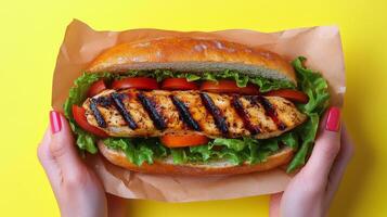 Grilled chicken sandwich with lettuce and tomato on yellow background photo