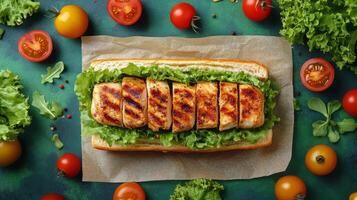 Grilled chicken sandwich with lettuce and tomato on yellow background photo