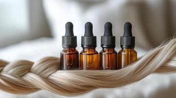 Bottles of natural oils placed on a womans hair amidst a garden of blooming flowers photo