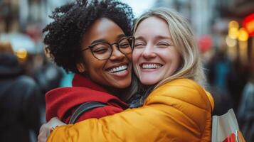 Two friends embrace joyfully in a bustling city street during daytime photo