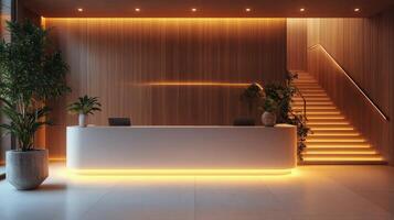 Modern reception area with stylish staircase and warm wooden accents in a contemporary building photo