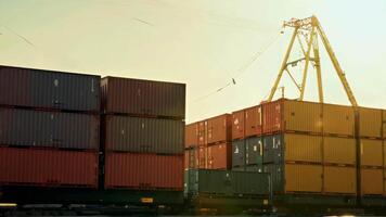Port containers huge harbor cargo load container dock ship transportation crane unloading shipment international distribution export import trade sea ocean transport in the bay naval video