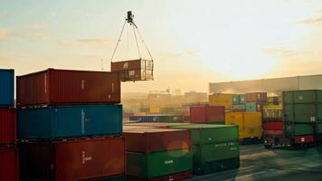 porta containers enorme Porto carga carga recipiente doca navio transporte guindaste descarregando envio internacional distribuição exportação importar comércio mar oceano transporte dentro a baía naval video
