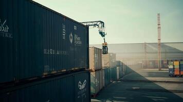 porta containers enorme Porto carga carga recipiente doca navio transporte guindaste descarregando envio internacional distribuição exportação importar comércio mar oceano transporte dentro a baía naval video