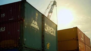 Port containers huge harbor cargo load container dock ship transportation crane unloading shipment international distribution export import trade sea ocean transport in the bay naval video