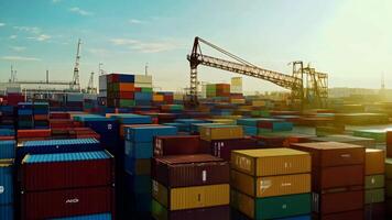 porta containers enorme Porto carga carga recipiente doca navio transporte guindaste descarregando envio internacional distribuição exportação importar comércio mar oceano transporte dentro a baía naval video