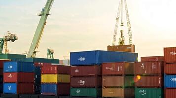 porta containers enorme Porto carga carga recipiente doca navio transporte guindaste descarregando envio internacional distribuição exportação importar comércio mar oceano transporte dentro a baía naval video