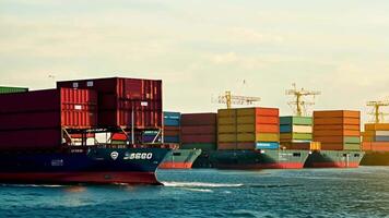 Port containers huge harbor cargo load container dock ship transportation crane unloading shipment international distribution export import trade sea ocean transport in the bay naval video