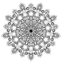 Black and white mandala with geometric shapes, circles and squares in symmetrical pattern on white background vector