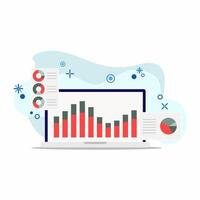 Laptop displaying bar chart with red and green bars. Surrounding the laptop are circular pie charts, highlighting data analysis. The background is abstract with blue accents and icons vector