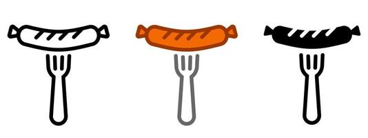 sausage on the fork icon. Fried frankfurter sign. Grilled Meat symbol. vector