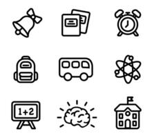 back to school black icon set. Student backpack line sign. School building symbol. Math illustration. Science class pictogram. vector