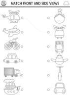 Transportation black and white matching activity with cute side and front view of helicopter, plane, car, truck, ship. City transport puzzle. Match objects game. Match up coloring page with vehicle vector