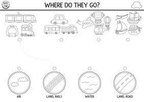 Transportation black and white matching activity with cute plane, ship, train, places they go. Air, water, land, railway transport puzzle. Match objects game. Match up coloring page with vehicle vector