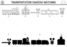 Transportation black and white shadow matching activity. Railway transport line puzzle with cute trains, station. Find correct silhouette printable worksheet, game. Funny coloring page for kids vector