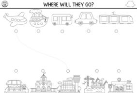 Transportation black and white matching activity with cute plane, bus, ship, train and places they go. City transport line puzzle. Match the objects game. Match up coloring page with vehicles vector