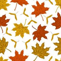 Maple tree leaves with seed pods seamless pattern in autumn colors. Fall season forest tree leaves background. Fabric, paper design. vector