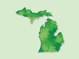 Michigan watercolor map illustration of green color with border line on light background using paint brush in page vector