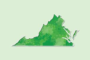 Virginia watercolor map illustration of green color with border line on light background using paint brush in page vector