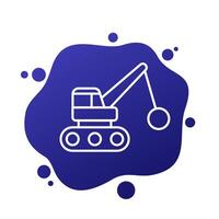 Demolition machine icon with wrecking ball, line vector