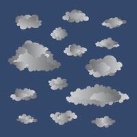 Set of dark clouds in a flat design. Grey cartoon cloud collection in blue sky background. vector