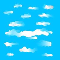 Set of cartoon clouds in a flat design. White cloud collection in blue sky background. Fluffy clouds illustration. vector