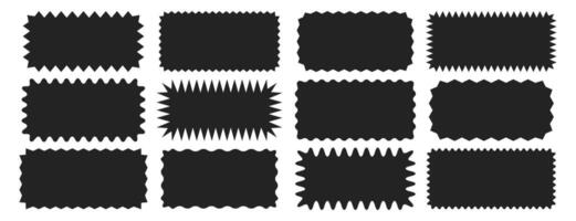 Empty black rectangle frames with wiggly borders. Jagged rectangular shape box elements set with zigzag edges on white background. Geometric zig zag wavy labels, curved badges and serrated stickers vector