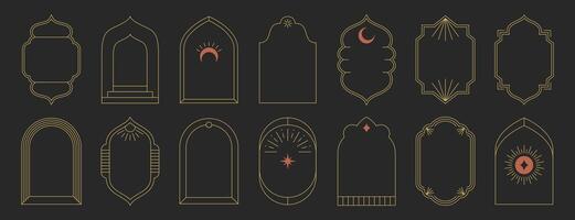Trendy boho arch set. Geometric thin line art islamic window shape. Y2k modern minimalist aesthetic linear arabic frames, simple borders, arabian mosque arcs with star, sparkles, sun. Eid mubarak door vector