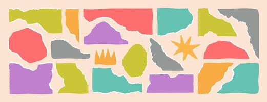 Torn colored paper strips set different shapes. Ripped sheets with jagged edges. Crumpled cardboard with wavy edge. Cut square and rectangular notepad page fragments, scraps, pieces with ragged border vector