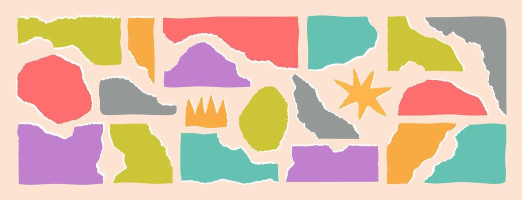 Torn colored paper strips set different shapes. Ripped sheets with jagged edges. Crumpled cardboard with wavy edge. Cut square and rectangular notepad page fragments, scraps, pieces with ragged border
