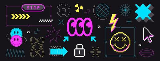 Y2k pixel art stickers in 8bit retro style. Pixelated acid smile face, eyes, aesthetic lines and wireframe geometric shapes. Brutalism abstract figures, futuristic grid elements, star or sparkle icons vector