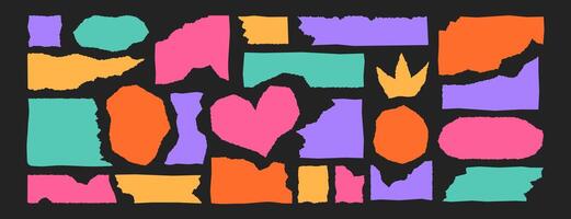 Set of colored torn paper. Pieces of note sheet with jagged edges. Grunge rectangle frames, circle, geometric simple form silhouettes of old pages. Ripped cardboard, tear strip borders with wavy edge. vector