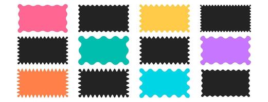 Color rectangle frames with wiggly borders. Torn paper, jagged rectangular shape box element set with zigzag edges on white background. Geometric zig zag wavy labels, curved badges, serrated stickers. vector
