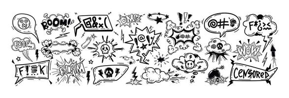 Hand drawn doodle comic speech bubbles with insults, curses, swearwords, offensive language. Angry words in talk frames, dialogue box, chat balloons. Negative expressions, bad emotions with skull icon vector