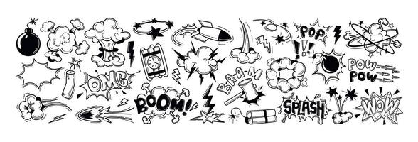 Set of black comic book sound blast, cartoon bomb explosions, crash or bang effect. Doodle hand drawn speech bubbles with pow, splash, bam, wow, omg words. Smoke exclamation elements, dynamite explode vector