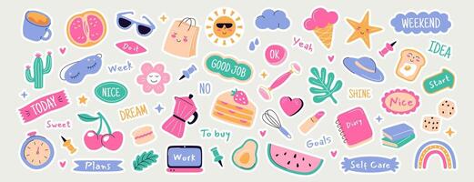 Cute diary journal stickers set. Trendy daily planner labels, scrapbook icons pack with motivation quotes and memo elements for to do list, scheduler or organizer. Notebook decor with food and coffee. vector