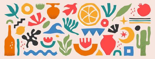 set of colorful abstract geometric shapes, lines and plants. Contemporary basic simple figures, nature forms or organic matisse design elements in minimalist style. Freeform doodle objects vector
