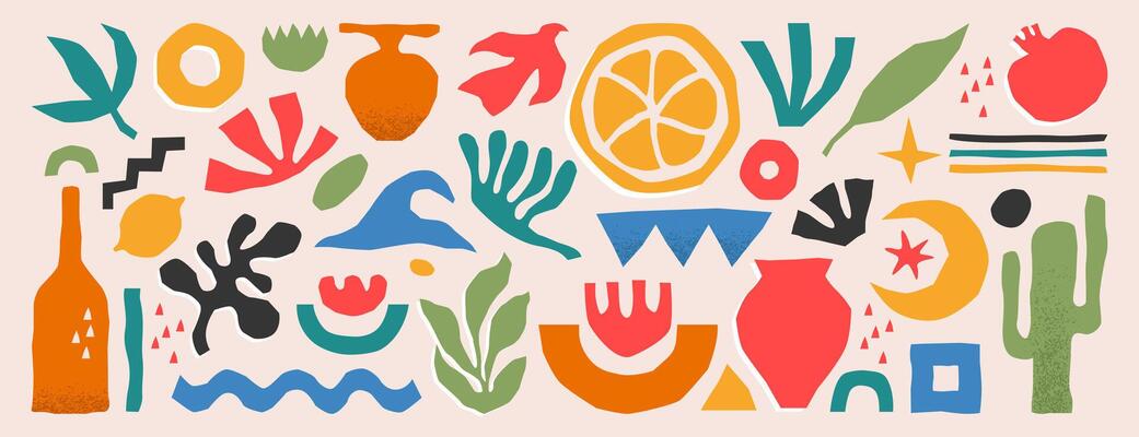 set of colorful abstract geometric shapes, lines and plants. Contemporary basic simple figures, nature forms or organic matisse design elements in minimalist style. Freeform doodle objects