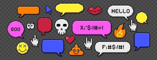 Pixel art dialogue box set with heart love, skull icons, bad swear words. Chat speech bubbles, message frames, talk balloons in 8bit retro style. Pixelated red mouth, funny smile face and poop sticker vector