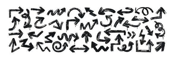 Hand drawn rough arrows different shapes on white background. Black bold brush stroke spiral, curly and straight arrow set. Direction graphic design elements and quote brackets in grunge style. vector