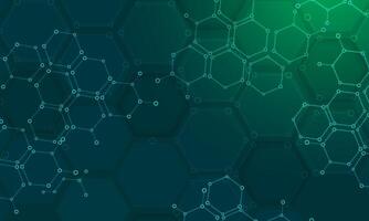 Abstract green hexagonal background with molecular structures and chemical elements vector