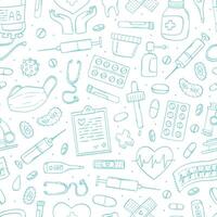 medical seamless pattern with doodles on white background. healthcare theme, world health day background, wallpaper, wrapping paper, coloring page, textile print, etc. EPS 10 vector