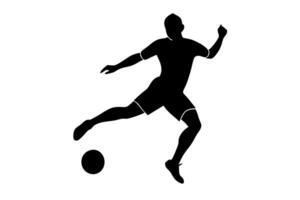 Soccer player in dynamic pose with football, ideal for sports graphics. Silhouette style for logos and icons, showcasing game excitement vector